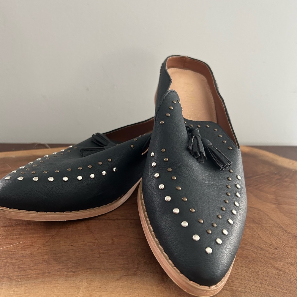 Mi.im Leather Mules Black Studded tassel Flats Loafers Genuine Leather 8